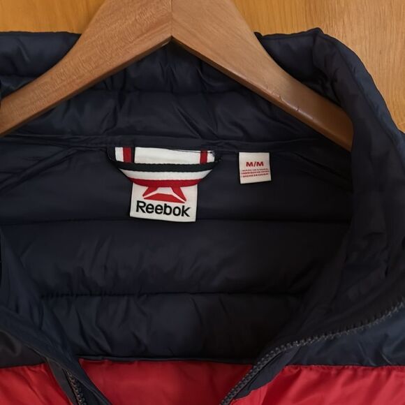 Reebok Puffer Vest Mens Medium Red White Blue Zip Pockets - Picture 4 of 4